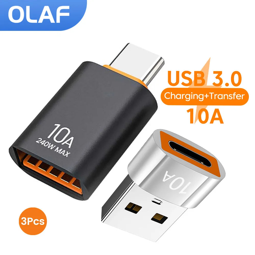 Adaptador OTG USB 3.0 10A para Type-C, USB Fêmea para Type-C Macho, Carregamento Rápido, OTG USB C para Xiaomi, Samsung, Laptop, PC